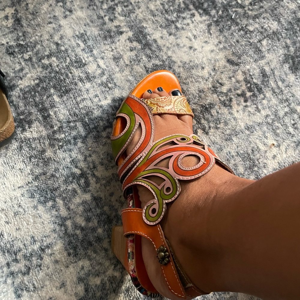 Women's Orange & Green Decorative Leather Heel Sandals sz 38 EUC - Picture 4 of 13
